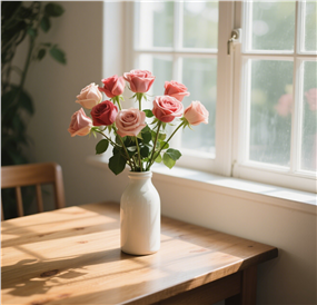 窗边木桌粉色玫瑰花插花图片